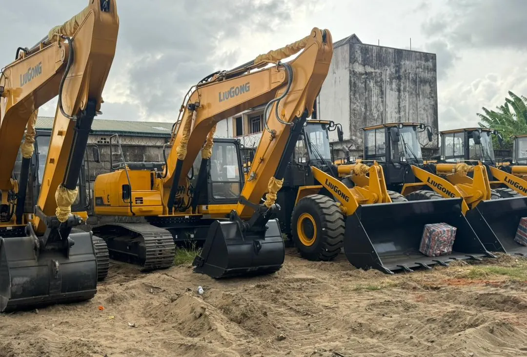 Construction machinery yard with excavators and loaders