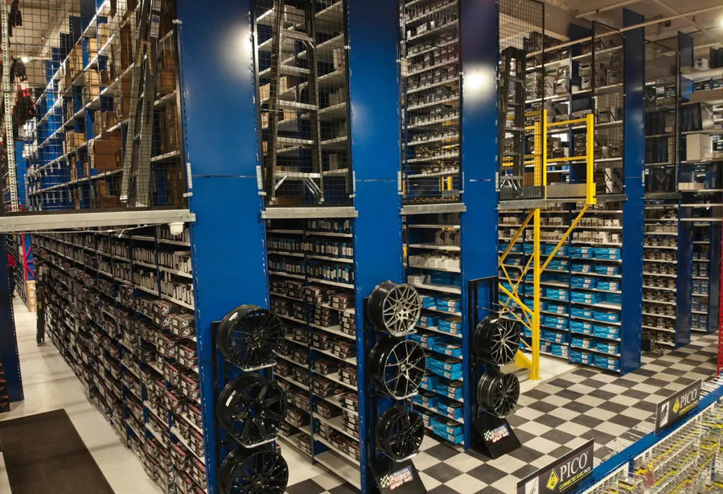 Automotive parts warehouse shelves